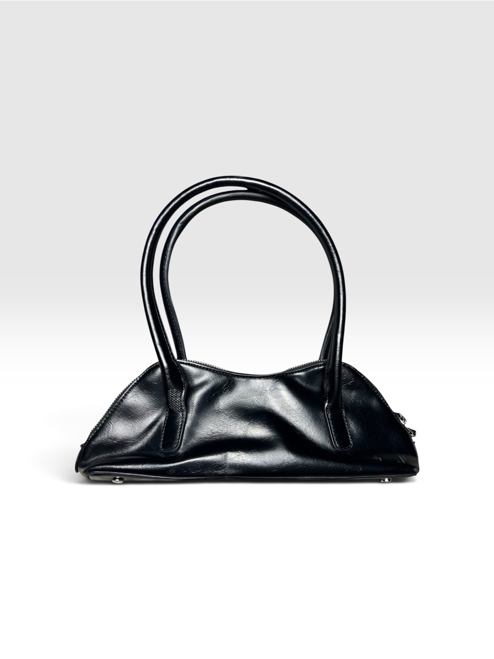 House of Harlow 1960 Black Vegan Leather Y2K Barrel Bowler Bag Silver Hardware